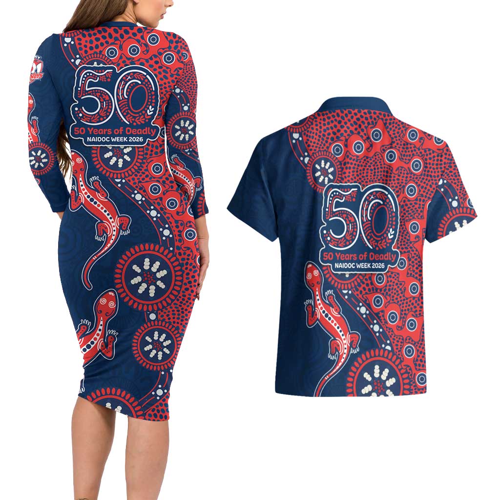 Sydney Roosters NAIDOC Week 2026 Couples Matching Long Sleeve Bodycon Dress and Hawaiian Shirt Aboriginal Lizard Dot Painting - 50 Years of Deadly