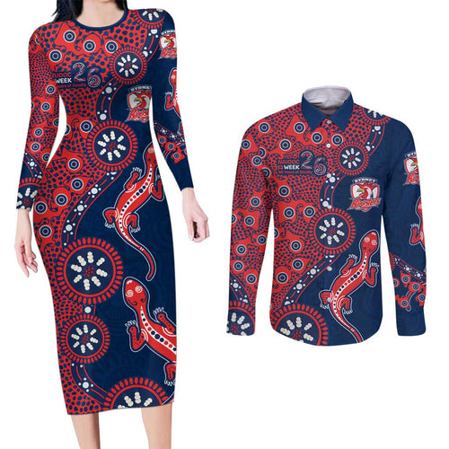 Sydney Roosters NAIDOC Week 2026 Couples Matching Long Sleeve Bodycon Dress and Long Sleeve Button Shirt Aboriginal Lizard Dot Painting - 50 Years of Deadly