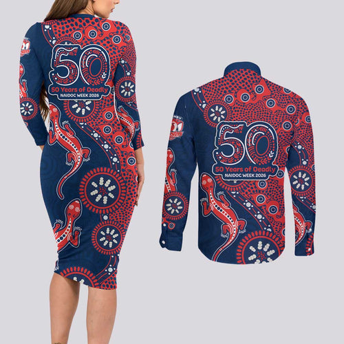Sydney Roosters NAIDOC Week 2026 Couples Matching Long Sleeve Bodycon Dress and Long Sleeve Button Shirt Aboriginal Lizard Dot Painting - 50 Years of Deadly