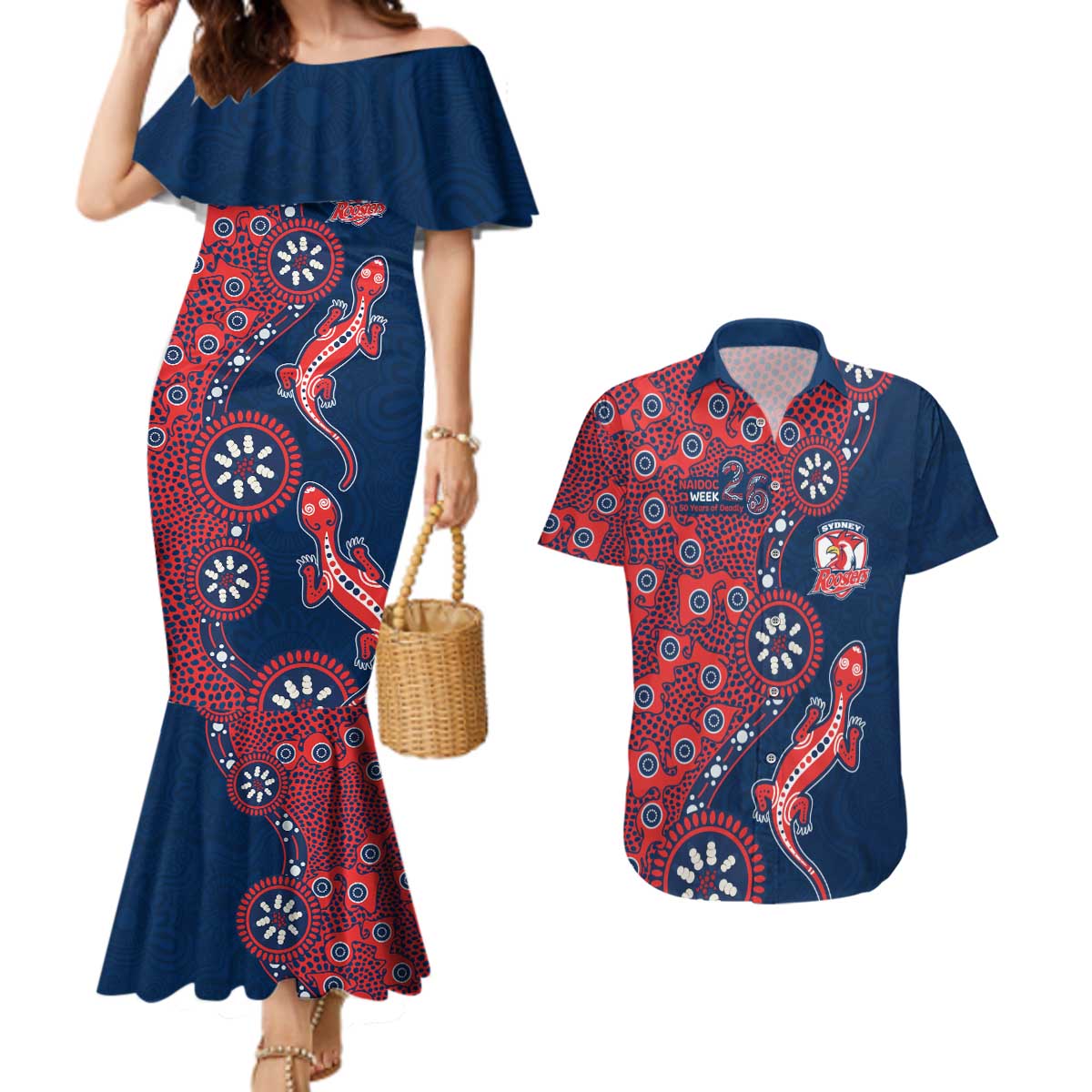 Sydney Roosters NAIDOC Week 2026 Couples Matching Mermaid Dress and Hawaiian Shirt Aboriginal Lizard Dot Painting - 50 Years of Deadly