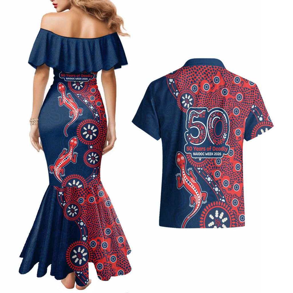 Sydney Roosters NAIDOC Week 2026 Couples Matching Mermaid Dress and Hawaiian Shirt Aboriginal Lizard Dot Painting - 50 Years of Deadly