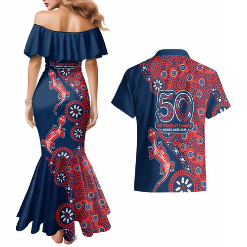 Sydney Roosters NAIDOC Week 2026 Couples Matching Mermaid Dress and Hawaiian Shirt Aboriginal Lizard Dot Painting - 50 Years of Deadly