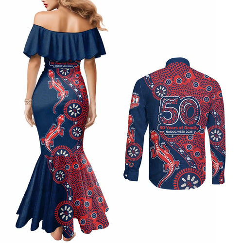Sydney Roosters NAIDOC Week 2026 Couples Matching Mermaid Dress and Long Sleeve Button Shirt Aboriginal Lizard Dot Painting - 50 Years of Deadly