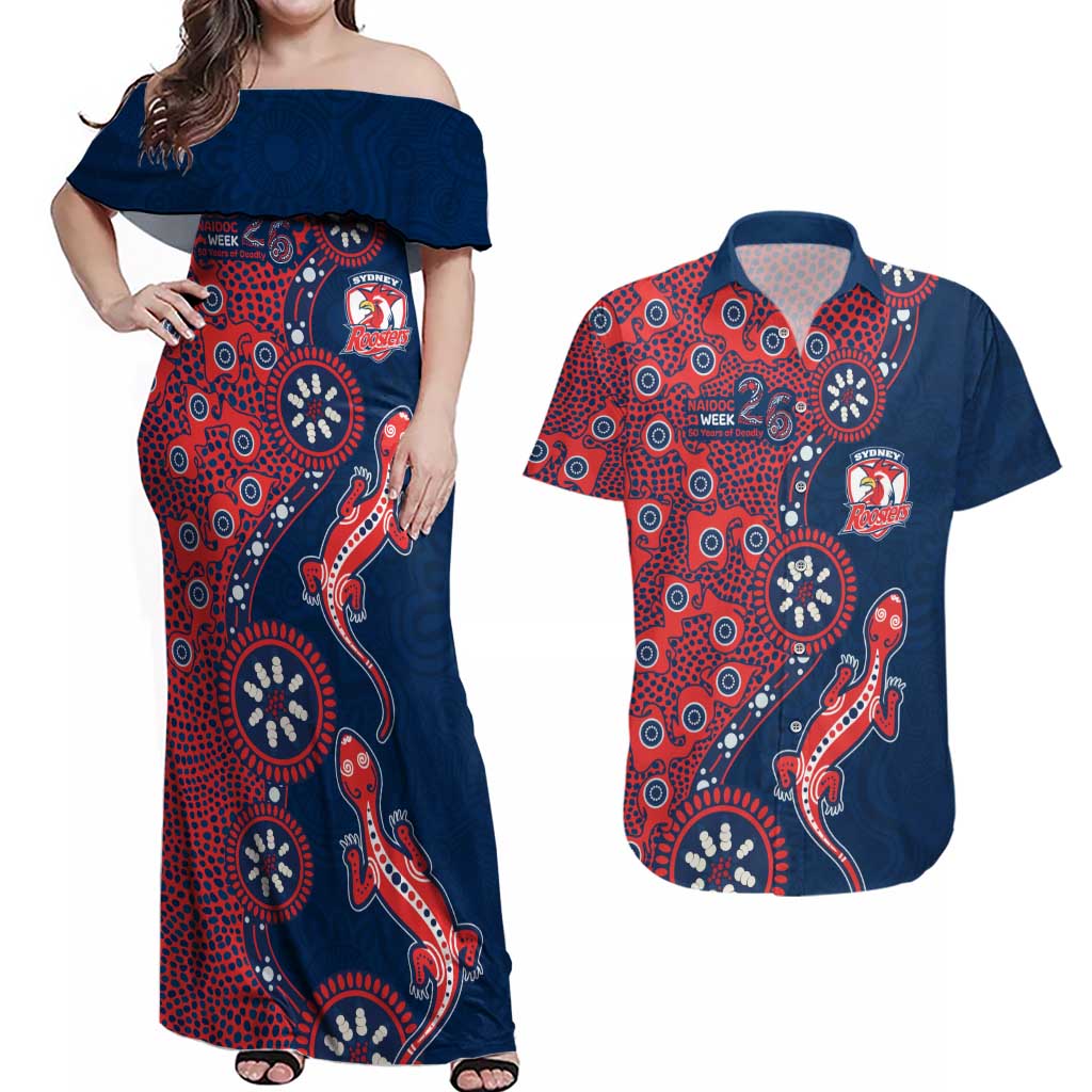 Sydney Roosters NAIDOC Week 2026 Couples Matching Off Shoulder Maxi Dress and Hawaiian Shirt Aboriginal Lizard Dot Painting - 50 Years of Deadly