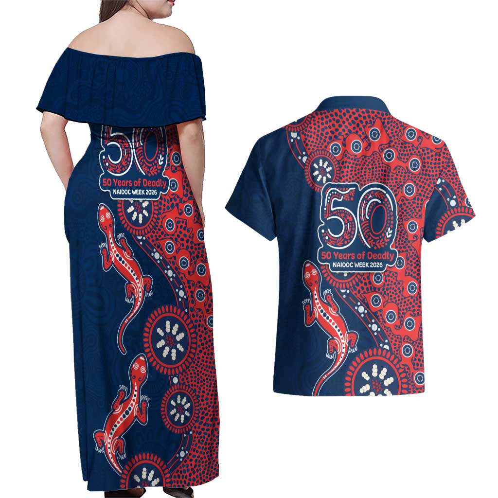 Sydney Roosters NAIDOC Week 2026 Couples Matching Off Shoulder Maxi Dress and Hawaiian Shirt Aboriginal Lizard Dot Painting - 50 Years of Deadly