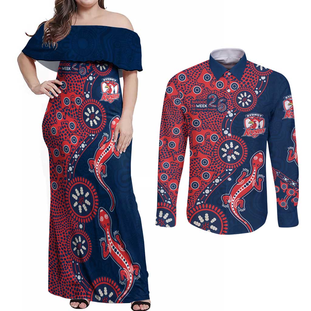 Sydney Roosters NAIDOC Week 2026 Couples Matching Off Shoulder Maxi Dress and Long Sleeve Button Shirt Aboriginal Lizard Dot Painting - 50 Years of Deadly