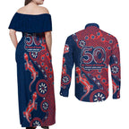 Sydney Roosters NAIDOC Week 2026 Couples Matching Off Shoulder Maxi Dress and Long Sleeve Button Shirt Aboriginal Lizard Dot Painting - 50 Years of Deadly