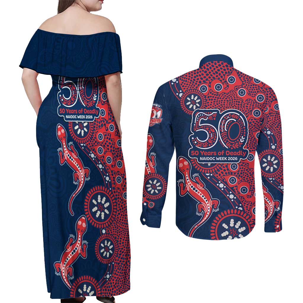 Sydney Roosters NAIDOC Week 2026 Couples Matching Off Shoulder Maxi Dress and Long Sleeve Button Shirt Aboriginal Lizard Dot Painting - 50 Years of Deadly