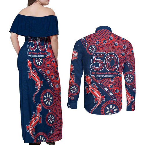 Sydney Roosters NAIDOC Week 2026 Couples Matching Off Shoulder Maxi Dress and Long Sleeve Button Shirt Aboriginal Lizard Dot Painting - 50 Years of Deadly