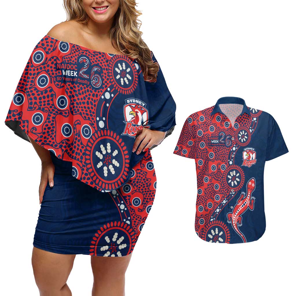 Sydney Roosters NAIDOC Week 2026 Couples Matching Off Shoulder Short Dress and Hawaiian Shirt Aboriginal Lizard Dot Painting - 50 Years of Deadly