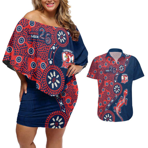Sydney Roosters NAIDOC Week 2026 Couples Matching Off Shoulder Short Dress and Hawaiian Shirt Aboriginal Lizard Dot Painting - 50 Years of Deadly