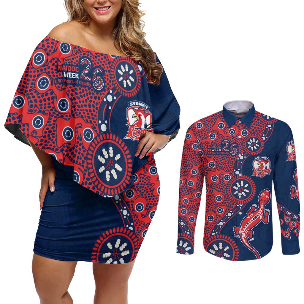 Sydney Roosters NAIDOC Week 2026 Couples Matching Off Shoulder Short Dress and Long Sleeve Button Shirt Aboriginal Lizard Dot Painting - 50 Years of Deadly