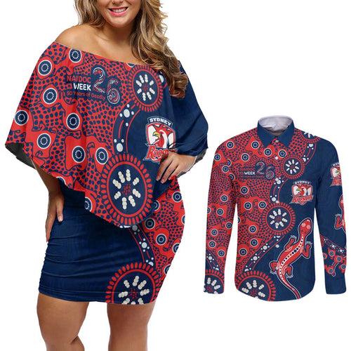 Sydney Roosters NAIDOC Week 2026 Couples Matching Off Shoulder Short Dress and Long Sleeve Button Shirt Aboriginal Lizard Dot Painting - 50 Years of Deadly