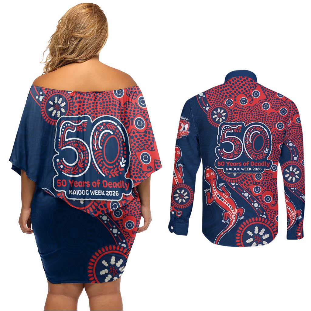 Sydney Roosters NAIDOC Week 2026 Couples Matching Off Shoulder Short Dress and Long Sleeve Button Shirt Aboriginal Lizard Dot Painting - 50 Years of Deadly