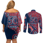 Sydney Roosters NAIDOC Week 2026 Couples Matching Off Shoulder Short Dress and Long Sleeve Button Shirt Aboriginal Lizard Dot Painting - 50 Years of Deadly