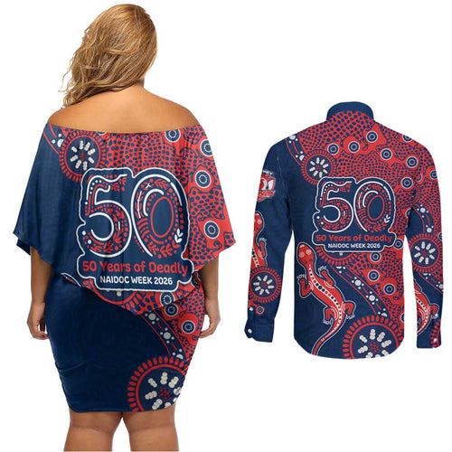 Sydney Roosters NAIDOC Week 2026 Couples Matching Off Shoulder Short Dress and Long Sleeve Button Shirt Aboriginal Lizard Dot Painting - 50 Years of Deadly