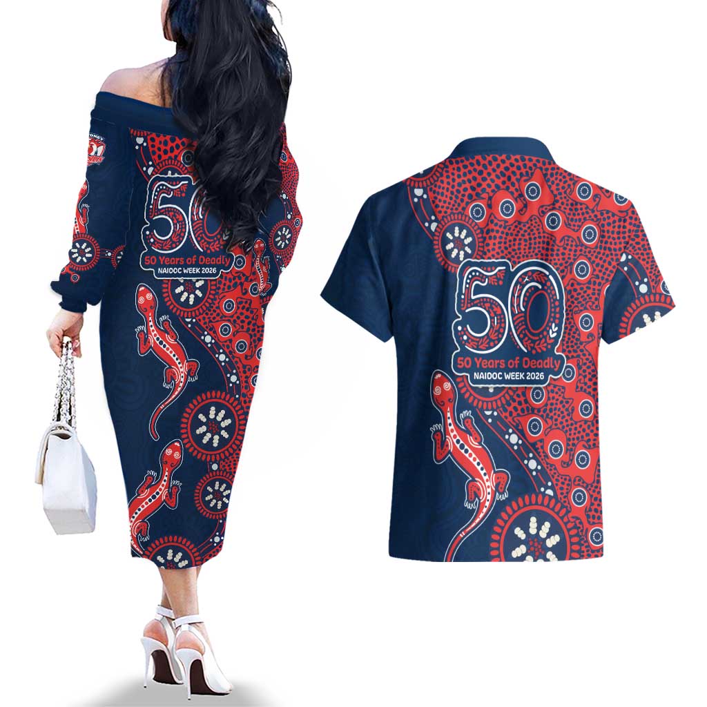 Sydney Roosters NAIDOC Week 2026 Couples Matching Off The Shoulder Long Sleeve Dress and Hawaiian Shirt Aboriginal Lizard Dot Painting - 50 Years of Deadly