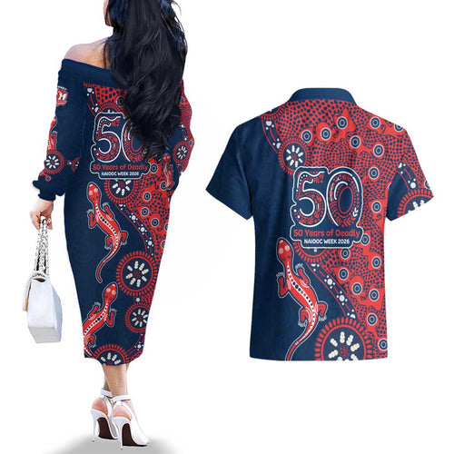 Sydney Roosters NAIDOC Week 2026 Couples Matching Off The Shoulder Long Sleeve Dress and Hawaiian Shirt Aboriginal Lizard Dot Painting - 50 Years of Deadly
