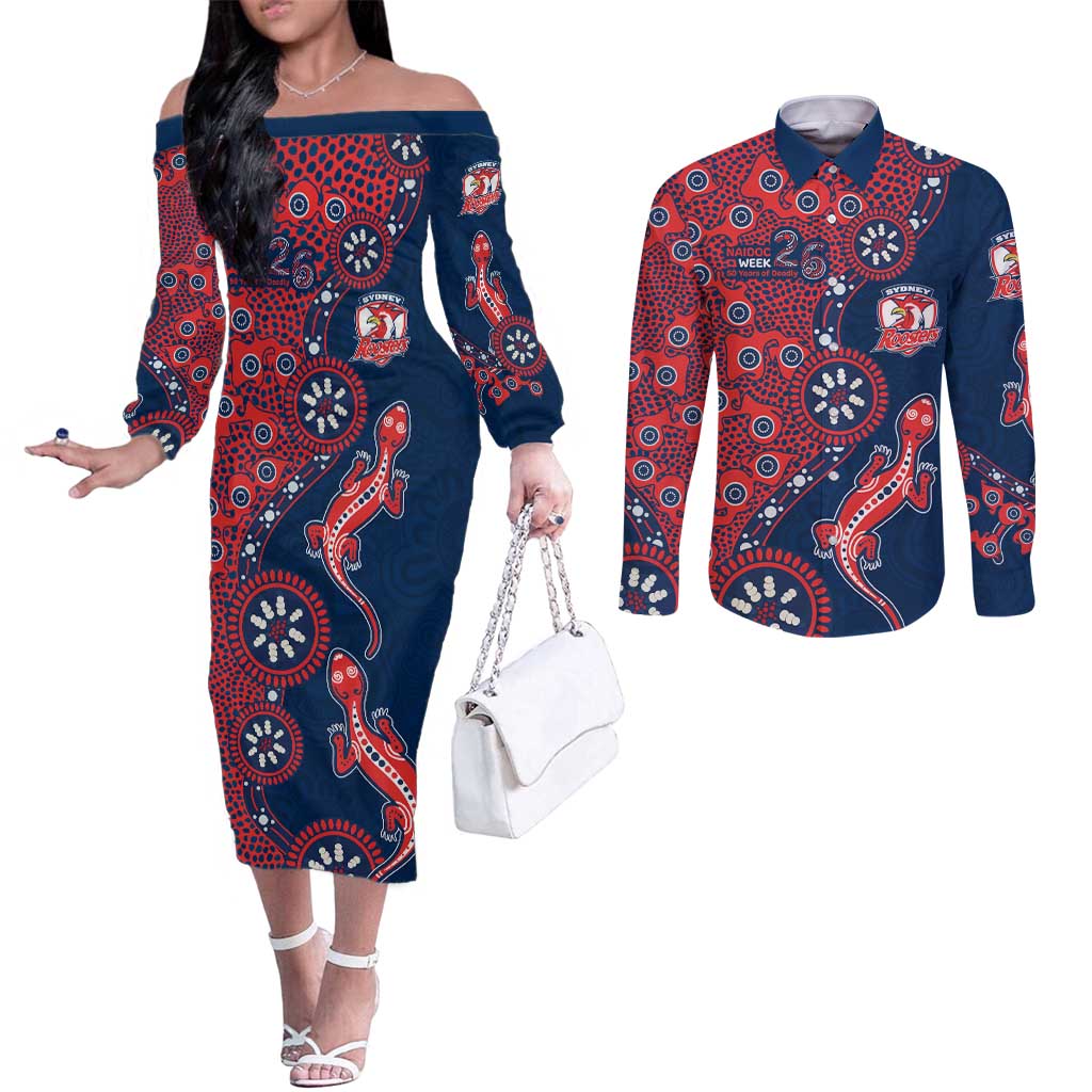 Sydney Roosters NAIDOC Week 2026 Couples Matching Off The Shoulder Long Sleeve Dress and Long Sleeve Button Shirt Aboriginal Lizard Dot Painting - 50 Years of Deadly