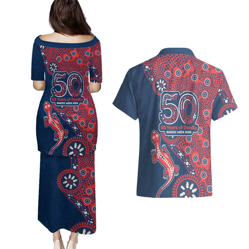 Sydney Roosters NAIDOC Week 2026 Couples Matching Puletasi and Hawaiian Shirt Aboriginal Lizard Dot Painting - 50 Years of Deadly