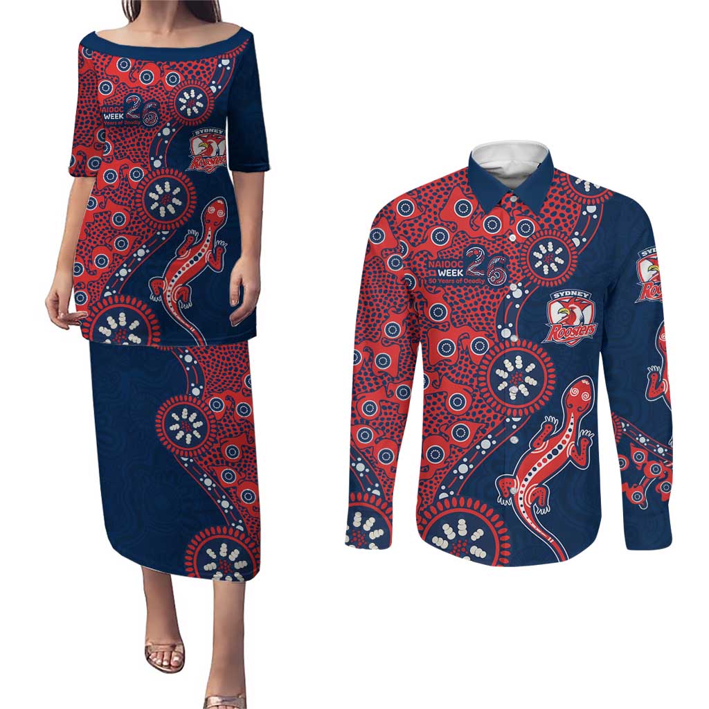 Sydney Roosters NAIDOC Week 2026 Couples Matching Puletasi and Long Sleeve Button Shirt Aboriginal Lizard Dot Painting - 50 Years of Deadly