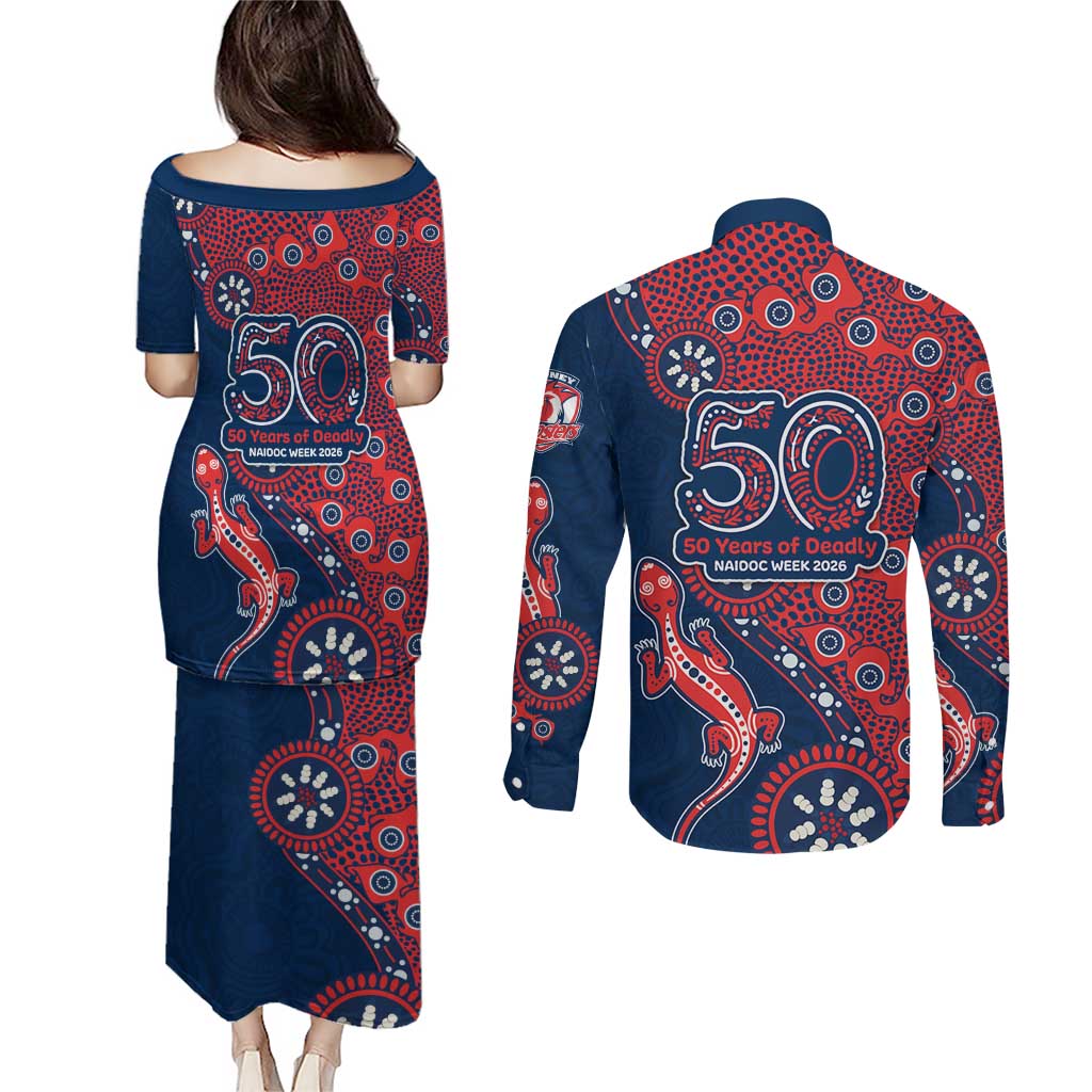 Sydney Roosters NAIDOC Week 2026 Couples Matching Puletasi and Long Sleeve Button Shirt Aboriginal Lizard Dot Painting - 50 Years of Deadly