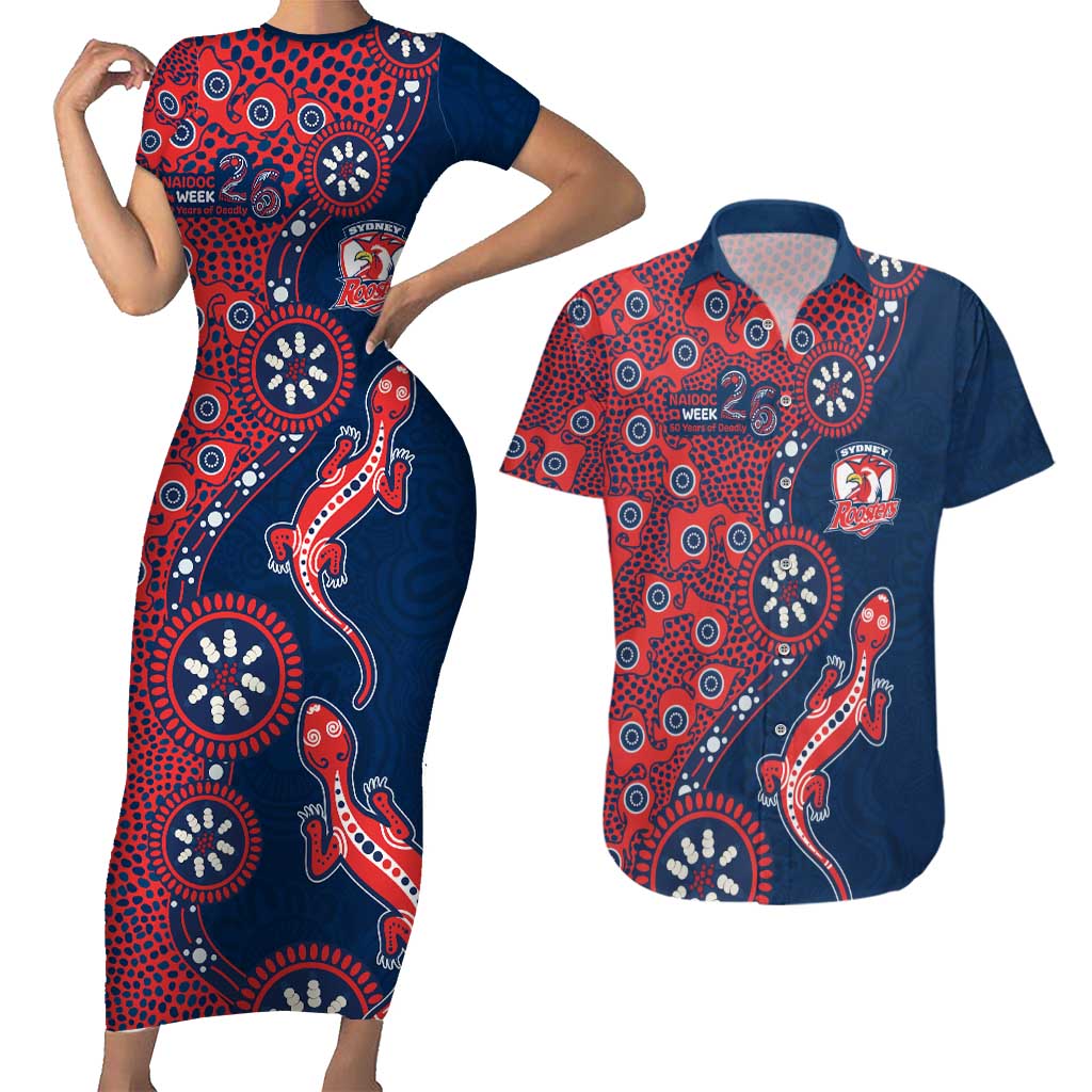 Sydney Roosters NAIDOC Week 2026 Couples Matching Short Sleeve Bodycon Dress and Hawaiian Shirt Aboriginal Lizard Dot Painting - 50 Years of Deadly
