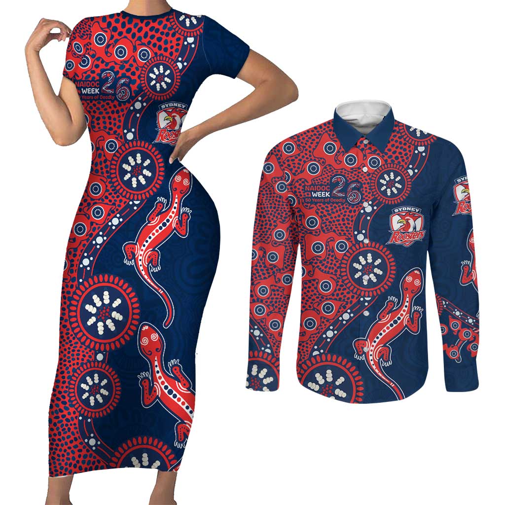 Sydney Roosters NAIDOC Week 2026 Couples Matching Short Sleeve Bodycon Dress and Long Sleeve Button Shirt Aboriginal Lizard Dot Painting - 50 Years of Deadly