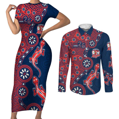 Sydney Roosters NAIDOC Week 2026 Couples Matching Short Sleeve Bodycon Dress and Long Sleeve Button Shirt Aboriginal Lizard Dot Painting - 50 Years of Deadly