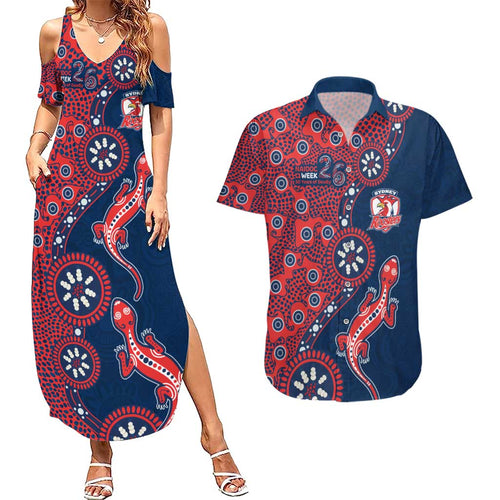Sydney Roosters NAIDOC Week 2026 Couples Matching Summer Maxi Dress and Hawaiian Shirt Aboriginal Lizard Dot Painting - 50 Years of Deadly