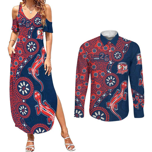 Sydney Roosters NAIDOC Week 2026 Couples Matching Summer Maxi Dress and Long Sleeve Button Shirt Aboriginal Lizard Dot Painting - 50 Years of Deadly