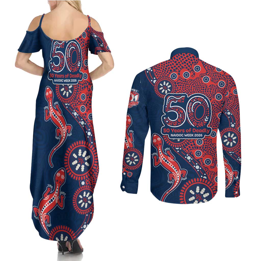 Sydney Roosters NAIDOC Week 2026 Couples Matching Summer Maxi Dress and Long Sleeve Button Shirt Aboriginal Lizard Dot Painting - 50 Years of Deadly