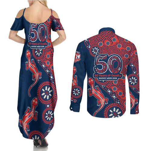 Sydney Roosters NAIDOC Week 2026 Couples Matching Summer Maxi Dress and Long Sleeve Button Shirt Aboriginal Lizard Dot Painting - 50 Years of Deadly