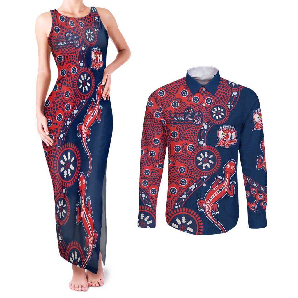 Sydney Roosters NAIDOC Week 2026 Couples Matching Tank Maxi Dress and Long Sleeve Button Shirt Aboriginal Lizard Dot Painting - 50 Years of Deadly