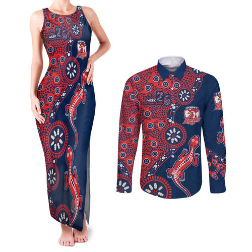 Sydney Roosters NAIDOC Week 2026 Couples Matching Tank Maxi Dress and Long Sleeve Button Shirt Aboriginal Lizard Dot Painting - 50 Years of Deadly