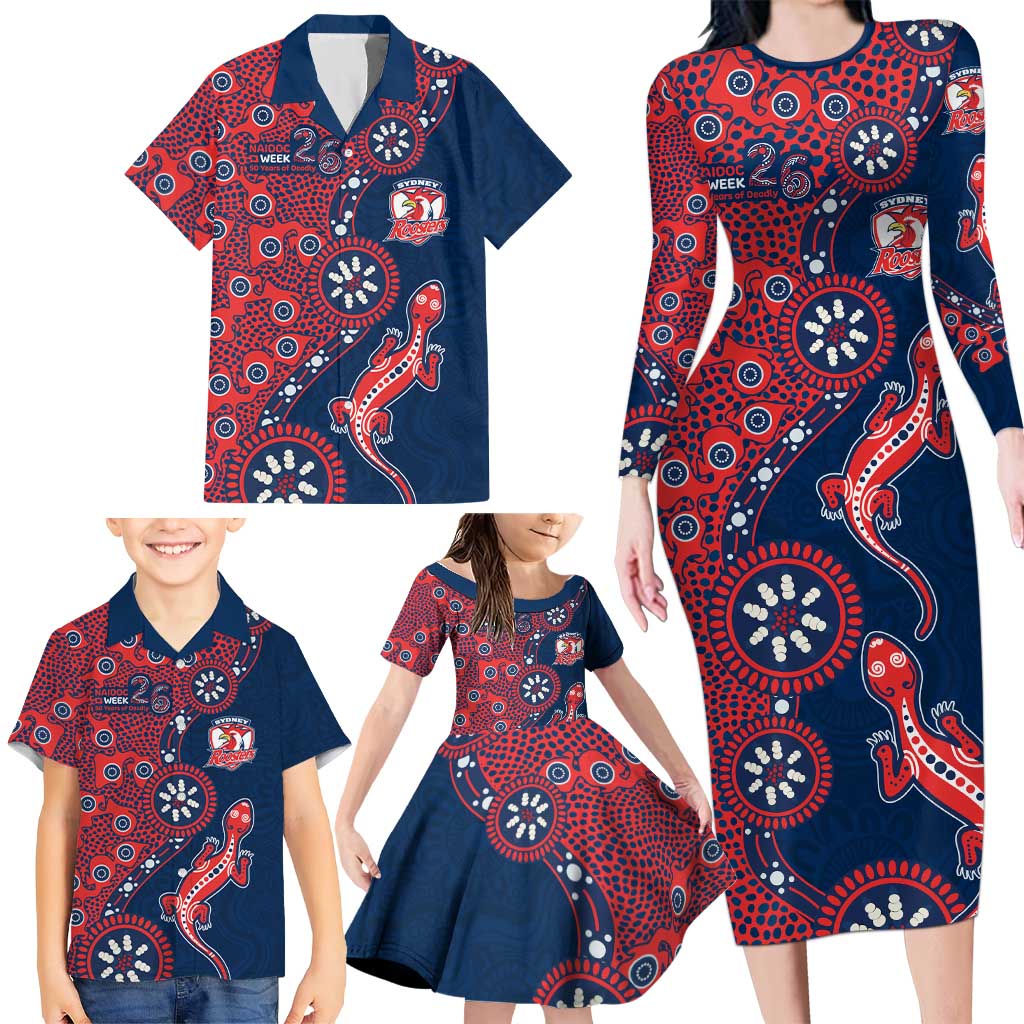 Sydney Roosters NAIDOC Week 2026 Family Matching Long Sleeve Bodycon Dress and Hawaiian Shirt Aboriginal Lizard Dot Painting - 50 Years of Deadly