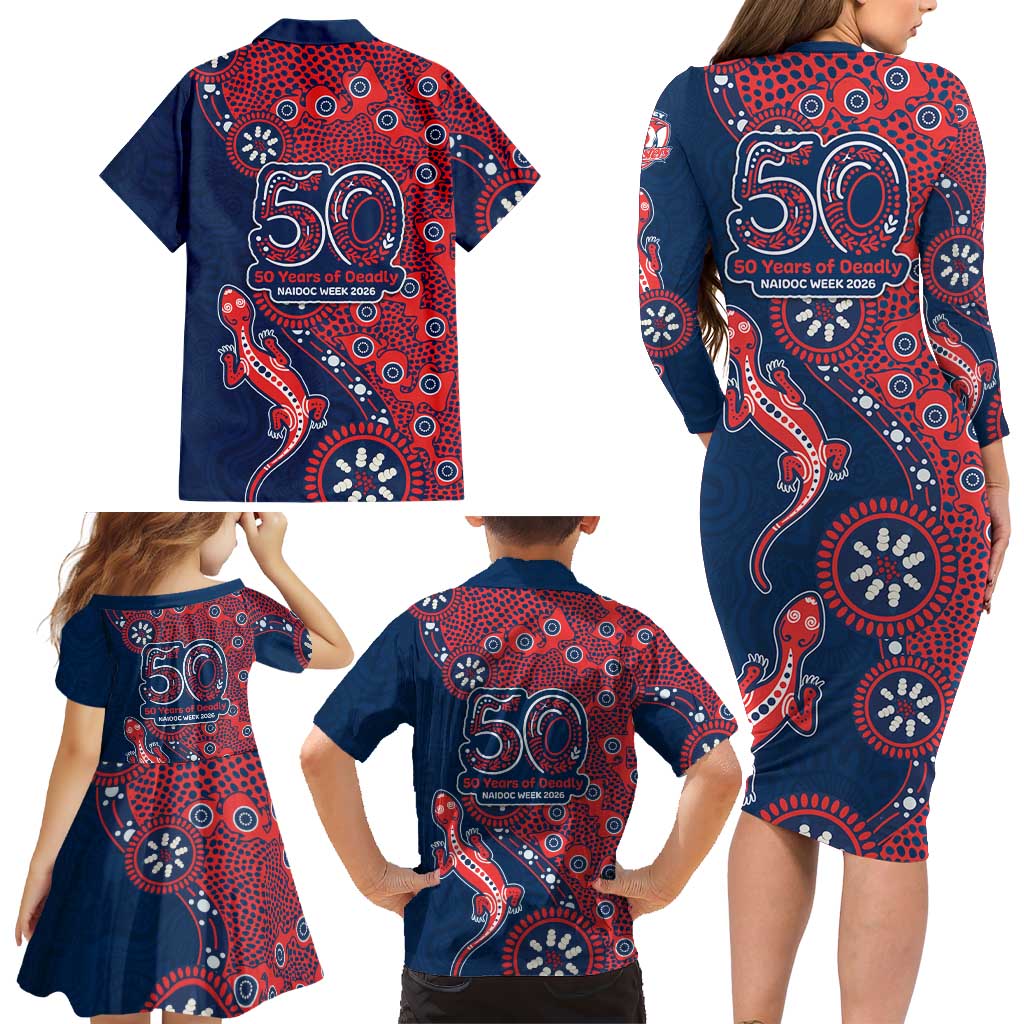 Sydney Roosters NAIDOC Week 2026 Family Matching Long Sleeve Bodycon Dress and Hawaiian Shirt Aboriginal Lizard Dot Painting - 50 Years of Deadly