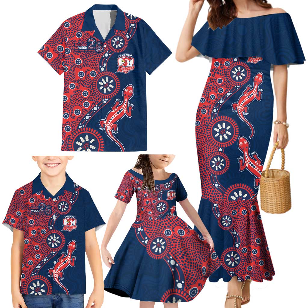 Sydney Roosters NAIDOC Week 2026 Family Matching Mermaid Dress and Hawaiian Shirt Aboriginal Lizard Dot Painting - 50 Years of Deadly