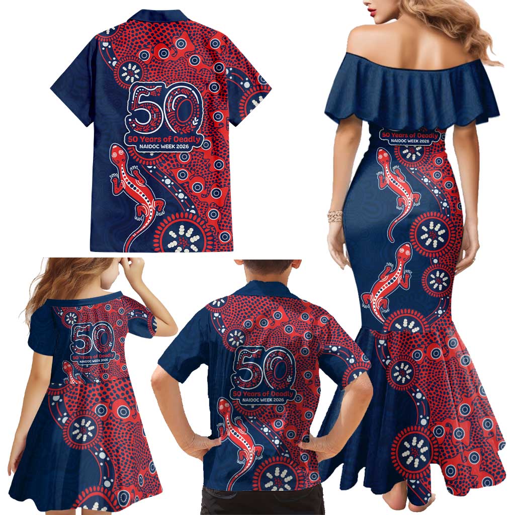 Sydney Roosters NAIDOC Week 2026 Family Matching Mermaid Dress and Hawaiian Shirt Aboriginal Lizard Dot Painting - 50 Years of Deadly