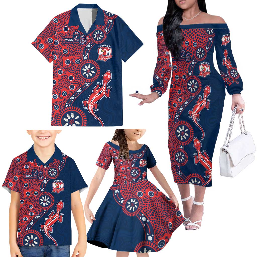 Sydney Roosters NAIDOC Week 2026 Family Matching Off The Shoulder Long Sleeve Dress and Hawaiian Shirt Aboriginal Lizard Dot Painting - 50 Years of Deadly