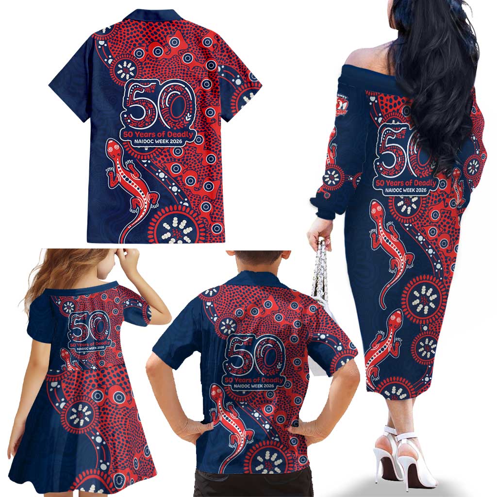 Sydney Roosters NAIDOC Week 2026 Family Matching Off The Shoulder Long Sleeve Dress and Hawaiian Shirt Aboriginal Lizard Dot Painting - 50 Years of Deadly
