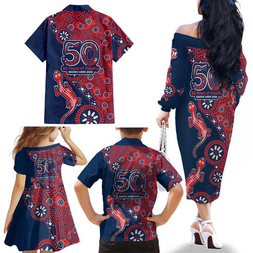 Sydney Roosters NAIDOC Week 2026 Family Matching Off The Shoulder Long Sleeve Dress and Hawaiian Shirt Aboriginal Lizard Dot Painting - 50 Years of Deadly
