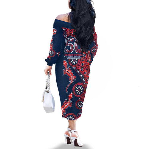 Sydney Roosters NAIDOC Week 2026 Family Matching Off The Shoulder Long Sleeve Dress and Hawaiian Shirt Aboriginal Lizard Dot Painting - 50 Years of Deadly