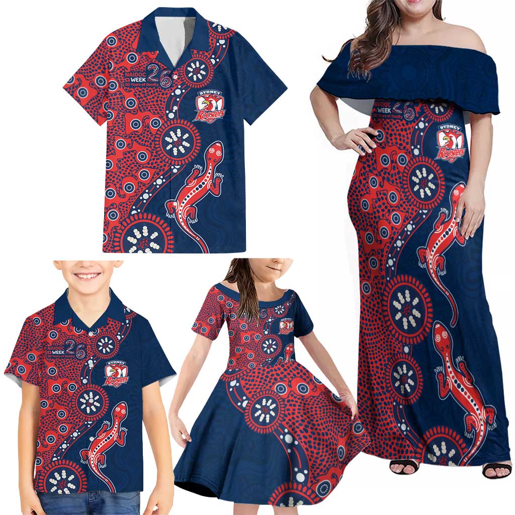 Sydney Roosters NAIDOC Week 2026 Family Matching Off Shoulder Maxi Dress and Hawaiian Shirt Aboriginal Lizard Dot Painting - 50 Years of Deadly