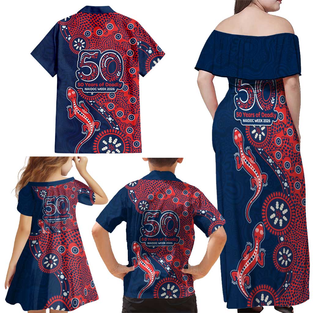 Sydney Roosters NAIDOC Week 2026 Family Matching Off Shoulder Maxi Dress and Hawaiian Shirt Aboriginal Lizard Dot Painting - 50 Years of Deadly