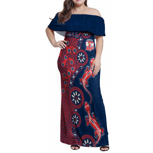 Sydney Roosters NAIDOC Week 2026 Family Matching Off Shoulder Maxi Dress and Hawaiian Shirt Aboriginal Lizard Dot Painting - 50 Years of Deadly