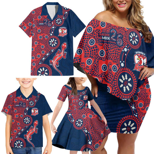 Sydney Roosters NAIDOC Week 2026 Family Matching Off Shoulder Short Dress and Hawaiian Shirt Aboriginal Lizard Dot Painting - 50 Years of Deadly