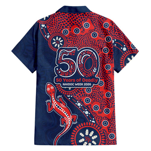Sydney Roosters NAIDOC Week 2026 Family Matching Off Shoulder Short Dress and Hawaiian Shirt Aboriginal Lizard Dot Painting - 50 Years of Deadly