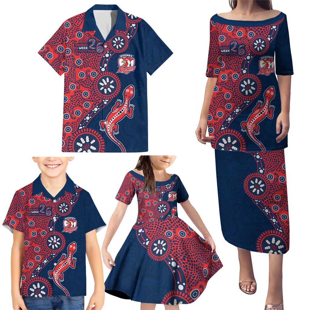 Sydney Roosters NAIDOC Week 2026 Family Matching Puletasi and Hawaiian Shirt Aboriginal Lizard Dot Painting - 50 Years of Deadly