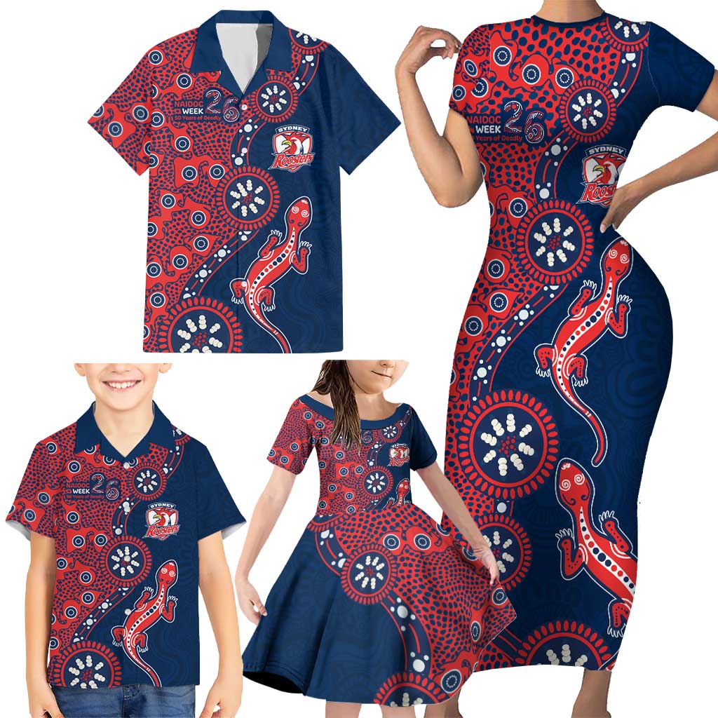 Sydney Roosters NAIDOC Week 2026 Family Matching Short Sleeve Bodycon Dress and Hawaiian Shirt Aboriginal Lizard Dot Painting - 50 Years of Deadly